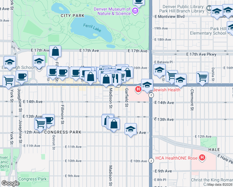 map of restaurants, bars, coffee shops, grocery stores, and more near 1456 Madison Street in Denver