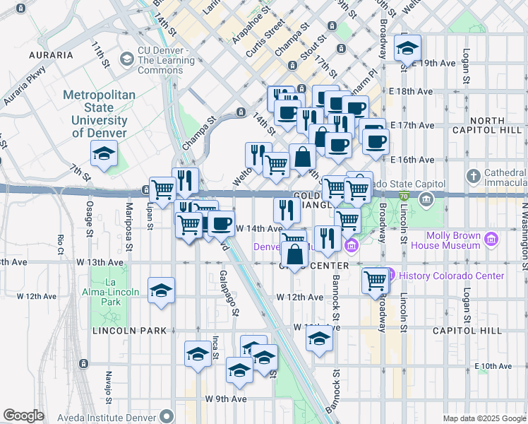 map of restaurants, bars, coffee shops, grocery stores, and more near 520 West Colfax Avenue in Denver