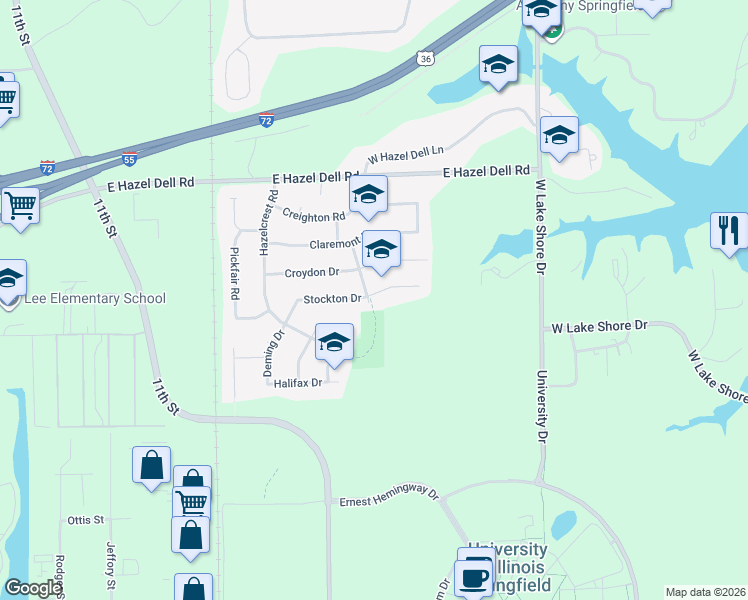 map of restaurants, bars, coffee shops, grocery stores, and more near 2100 Stockton Drive in Springfield