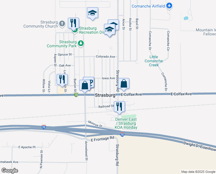map of restaurants, bars, coffee shops, grocery stores, and more near 1552 Main Street in Strasburg