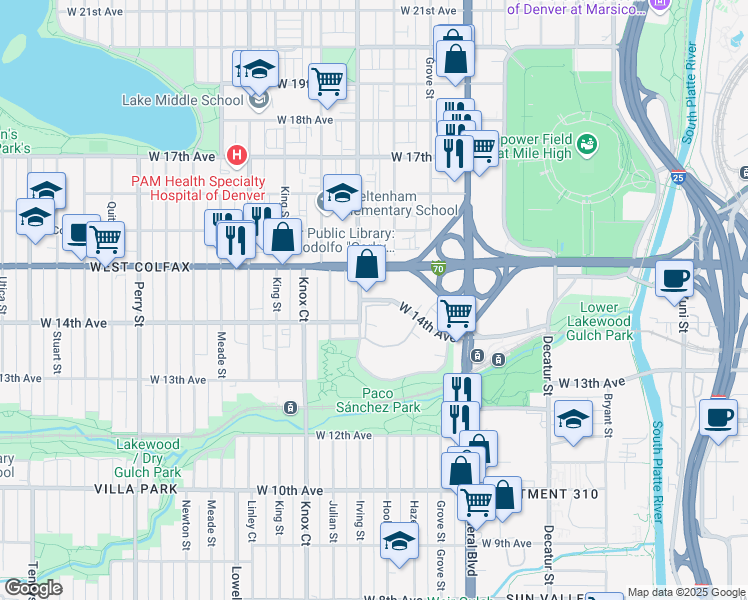 map of restaurants, bars, coffee shops, grocery stores, and more near 3275 West 14th Avenue in Denver