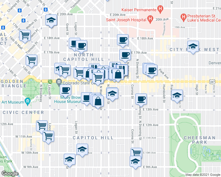 map of restaurants, bars, coffee shops, grocery stores, and more near 1440 Clarkson Street in Denver
