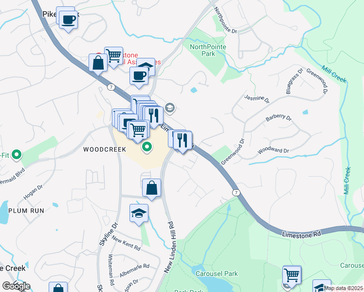 map of restaurants, bars, coffee shops, grocery stores, and more near 4718 Limestone Road in Wilmington