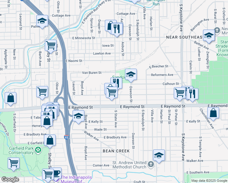 map of restaurants, bars, coffee shops, grocery stores, and more near 2019 South State Avenue in Indianapolis