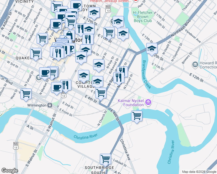 map of restaurants, bars, coffee shops, grocery stores, and more near 616 Curlett Street in Wilmington