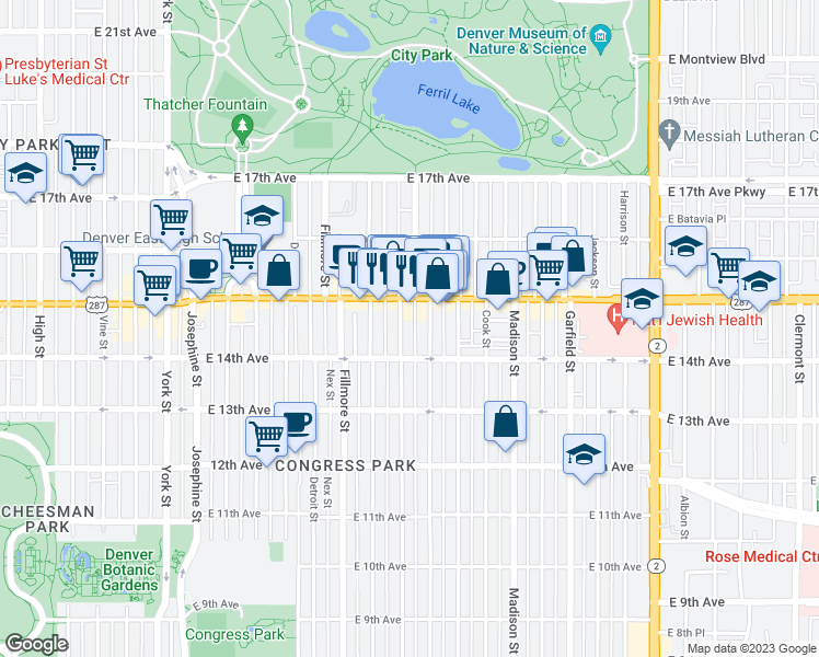map of restaurants, bars, coffee shops, grocery stores, and more near 1468 Saint Paul Street in Denver