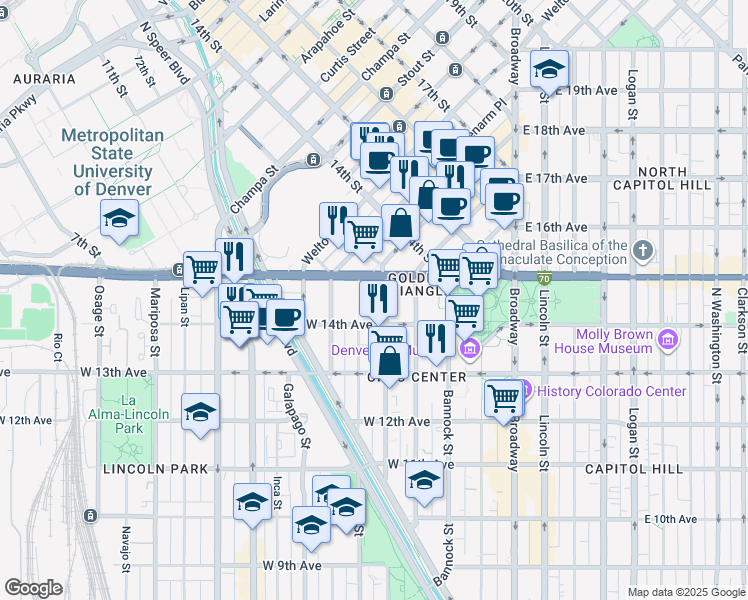 map of restaurants, bars, coffee shops, grocery stores, and more near 490 West Colfax Avenue, in Denver