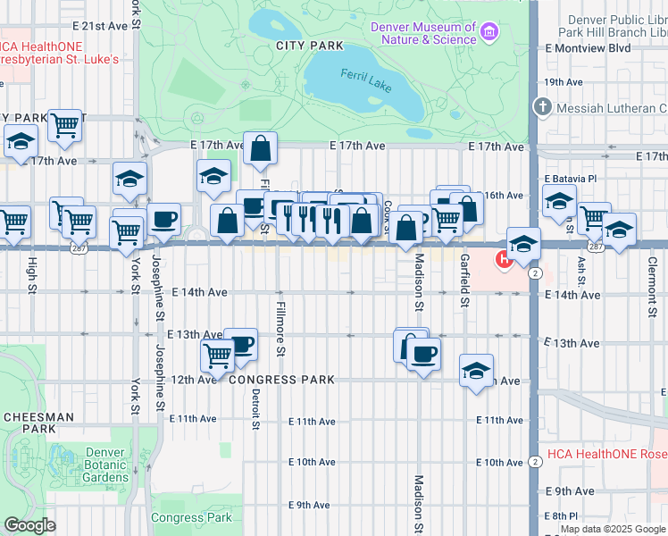 map of restaurants, bars, coffee shops, grocery stores, and more near 1444 Saint Paul Street in Denver