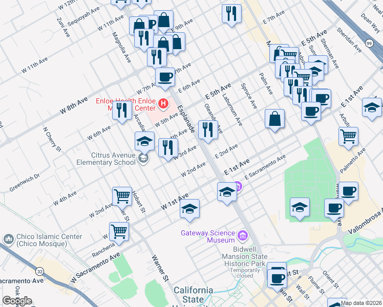 map of restaurants, bars, coffee shops, grocery stores, and more near 131 West 3rd Avenue in Chico