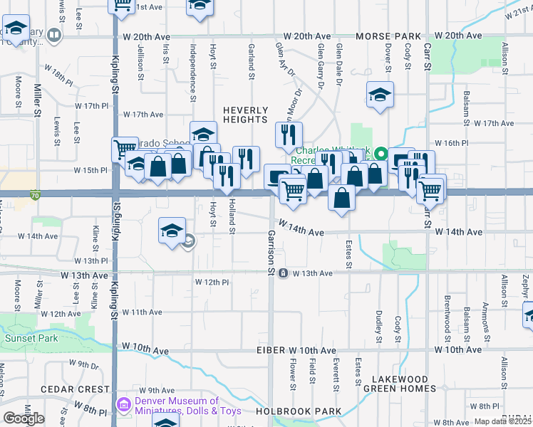 map of restaurants, bars, coffee shops, grocery stores, and more near in Lakewood