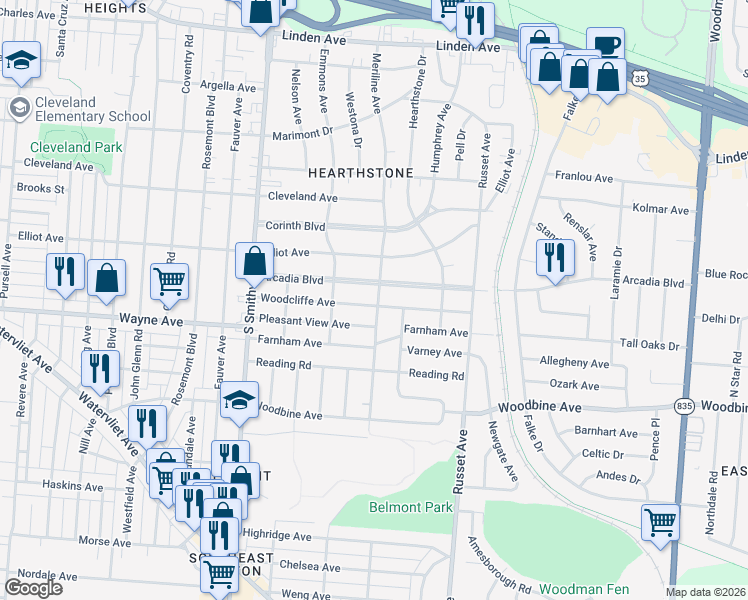 map of restaurants, bars, coffee shops, grocery stores, and more near 4256 Arcadia Boulevard in Dayton