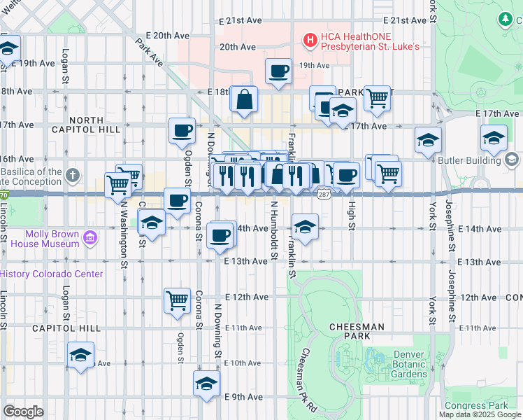 map of restaurants, bars, coffee shops, grocery stores, and more near 1444 North Lafayette Street in Denver