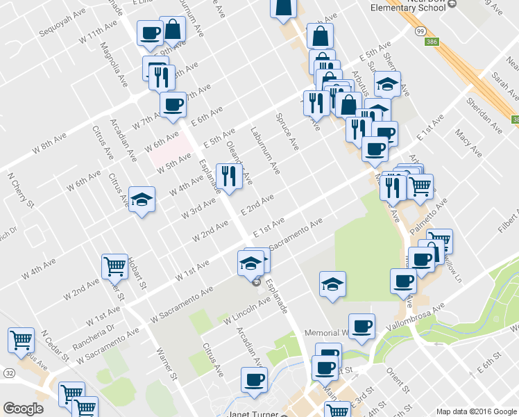 map of restaurants, bars, coffee shops, grocery stores, and more near 199 East 2nd Avenue in Chico