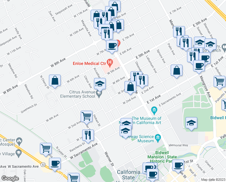 map of restaurants, bars, coffee shops, grocery stores, and more near 1344 Arcadian Avenue in Chico