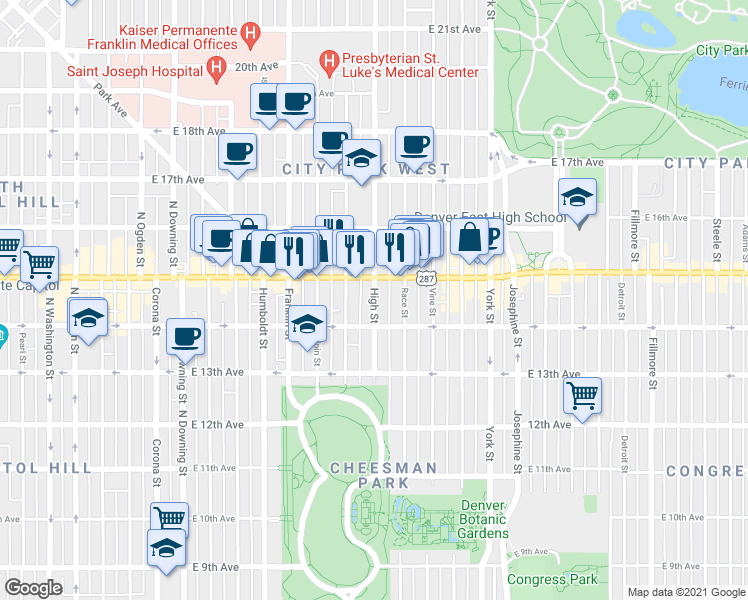 map of restaurants, bars, coffee shops, grocery stores, and more near 1449 High Street in Denver