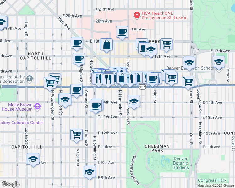 map of restaurants, bars, coffee shops, grocery stores, and more near 1441 North Humboldt Street in Denver