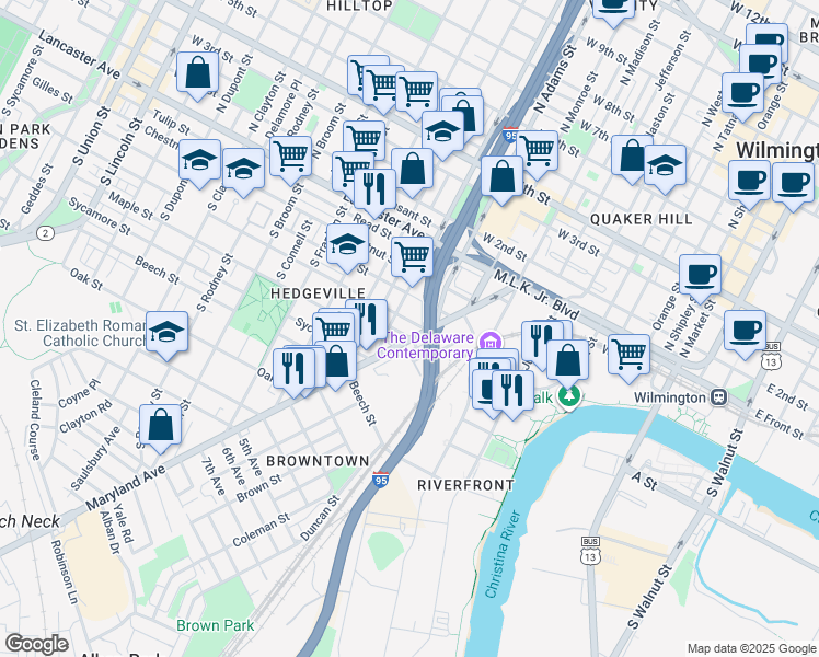 map of restaurants, bars, coffee shops, grocery stores, and more near 407 South Jackson Street in Wilmington