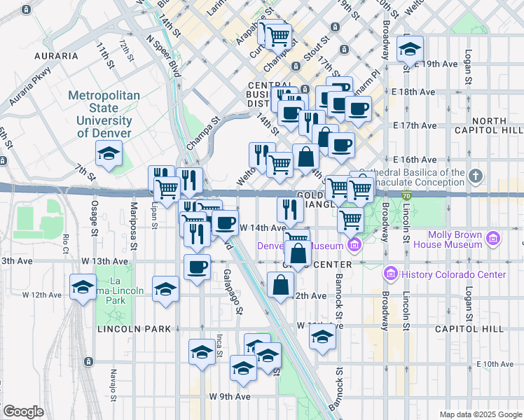map of restaurants, bars, coffee shops, grocery stores, and more near 520 West Colfax Avenue in Denver