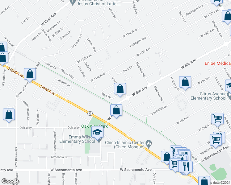 map of restaurants, bars, coffee shops, grocery stores, and more near 1016 Regency Drive in Chico
