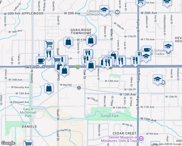 map of restaurants, bars, coffee shops, grocery stores, and more near 10750 West Colfax Avenue in Lakewood