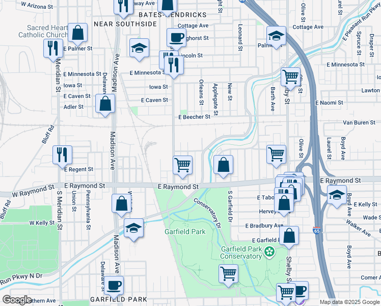 map of restaurants, bars, coffee shops, grocery stores, and more near 2103 Singleton Street in Indianapolis