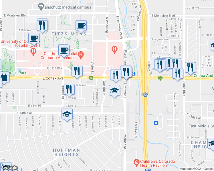 map of restaurants, bars, coffee shops, grocery stores, and more near 13650 East Colfax Avenue in Aurora