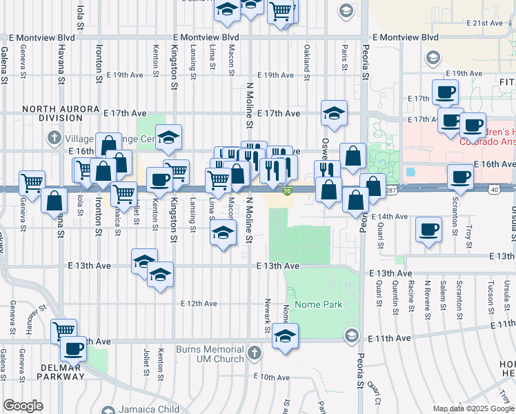 map of restaurants, bars, coffee shops, grocery stores, and more near 11534 Interstate 70 Business Loop in Aurora