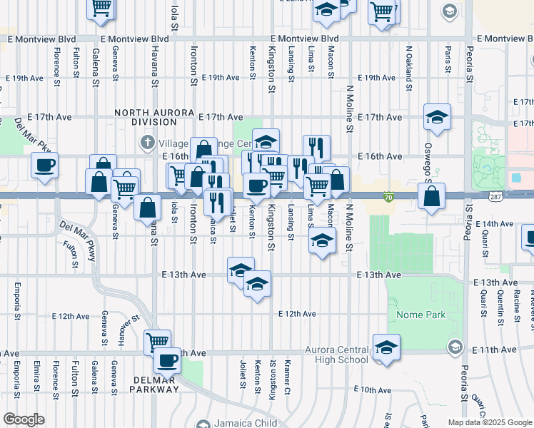 map of restaurants, bars, coffee shops, grocery stores, and more near 1485 Kingston Street in Aurora