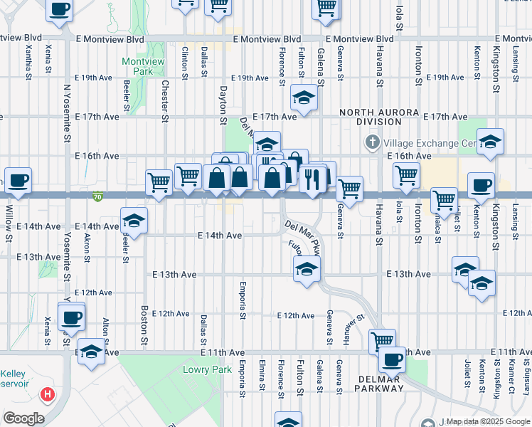 map of restaurants, bars, coffee shops, grocery stores, and more near 1472 Elmira Street in Aurora