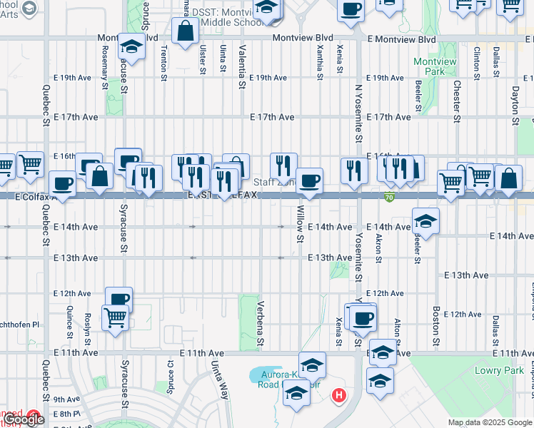 map of restaurants, bars, coffee shops, grocery stores, and more near 1446 Verbena Street in Denver