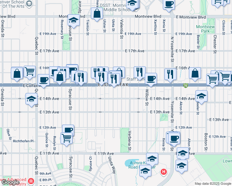 map of restaurants, bars, coffee shops, grocery stores, and more near in Denver