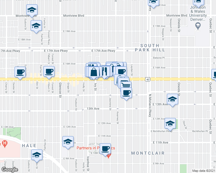 map of restaurants, bars, coffee shops, grocery stores, and more near 1454 Jersey Street in Denver