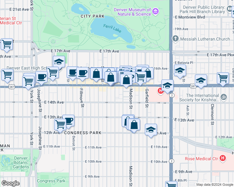 map of restaurants, bars, coffee shops, grocery stores, and more near 1461 Cook Street in Denver
