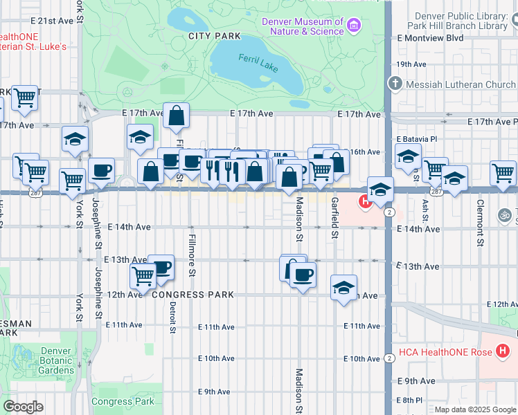 map of restaurants, bars, coffee shops, grocery stores, and more near 1464 Steele Street in Denver