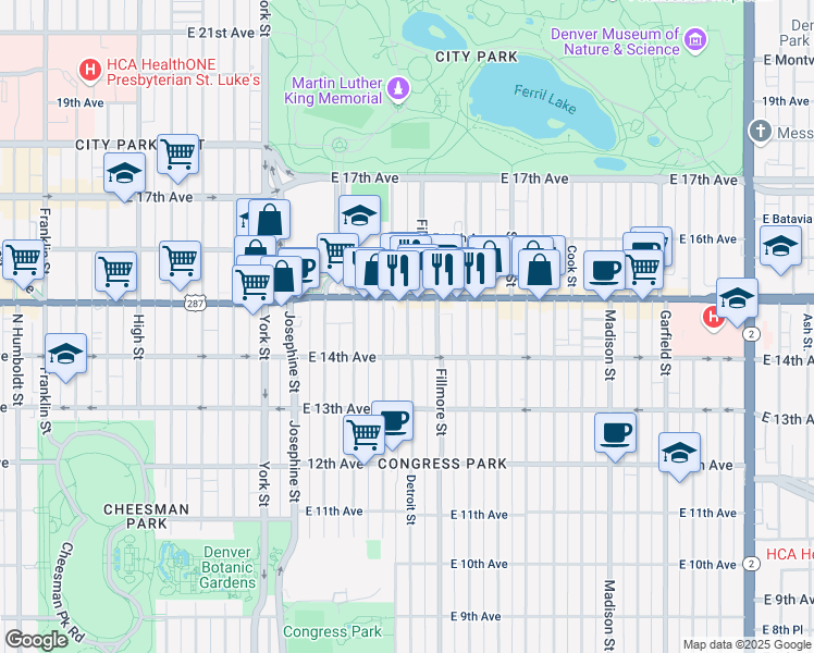 map of restaurants, bars, coffee shops, grocery stores, and more near in Denver