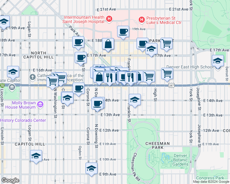 map of restaurants, bars, coffee shops, grocery stores, and more near in Denver