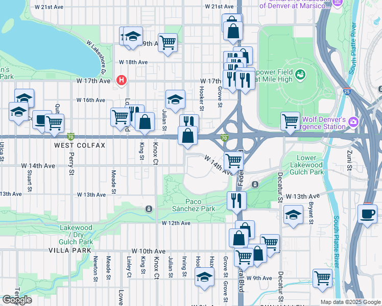 map of restaurants, bars, coffee shops, grocery stores, and more near 1455 Irving Street in Denver