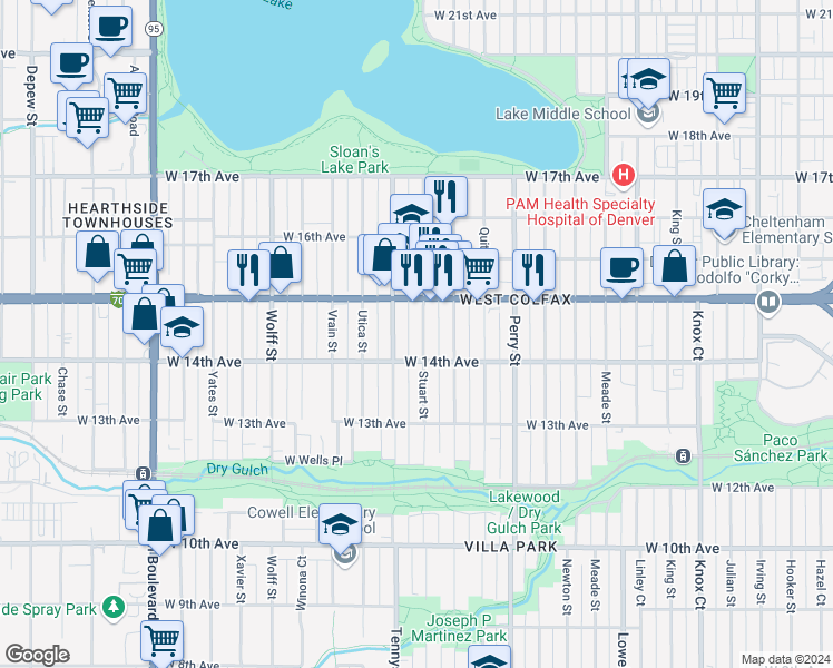 map of restaurants, bars, coffee shops, grocery stores, and more near 1448 Tennyson Street in Denver