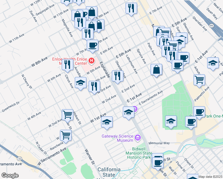 map of restaurants, bars, coffee shops, grocery stores, and more near 123 West 3rd Avenue in Chico