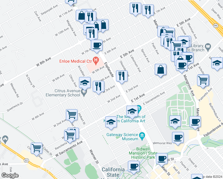 map of restaurants, bars, coffee shops, grocery stores, and more near 123 West 3rd Avenue in Chico