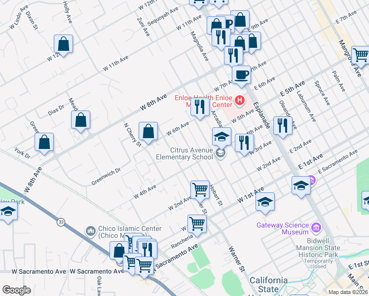 map of restaurants, bars, coffee shops, grocery stores, and more near 1467 Hobart Street in Chico