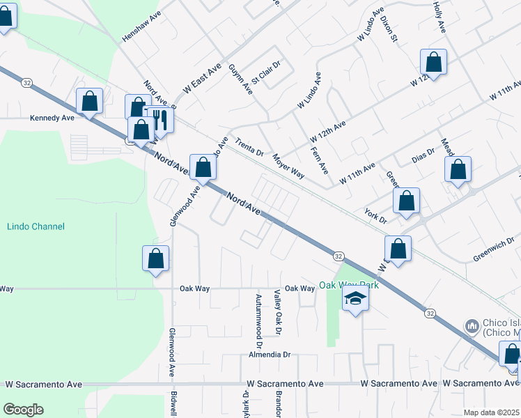 map of restaurants, bars, coffee shops, grocery stores, and more near 2180 Nord Avenue in Chico