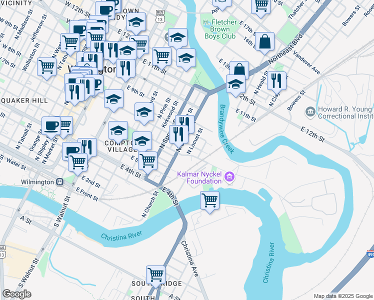 map of restaurants, bars, coffee shops, grocery stores, and more near 814 East 8th Street in Wilmington