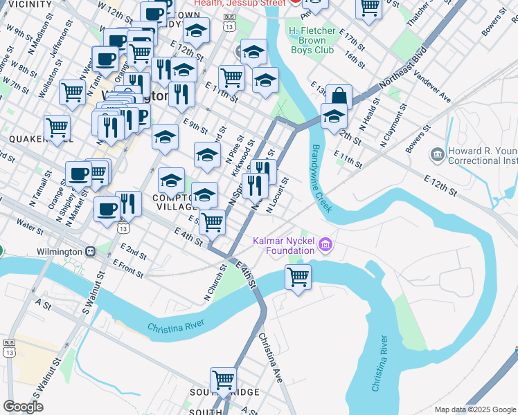 map of restaurants, bars, coffee shops, grocery stores, and more near 721 East 7th Street in Wilmington