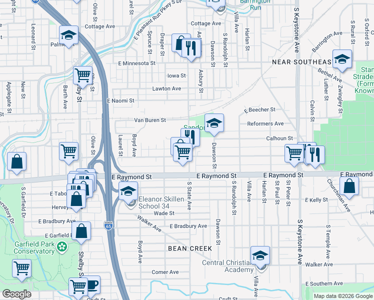 map of restaurants, bars, coffee shops, grocery stores, and more near 2019 South State Avenue in Indianapolis