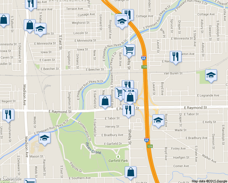 map of restaurants, bars, coffee shops, grocery stores, and more near 2101 Ringgold Avenue in Indianapolis
