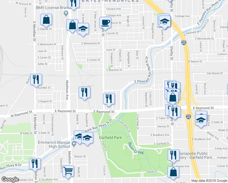 map of restaurants, bars, coffee shops, grocery stores, and more near 2103 Singleton Street in Indianapolis
