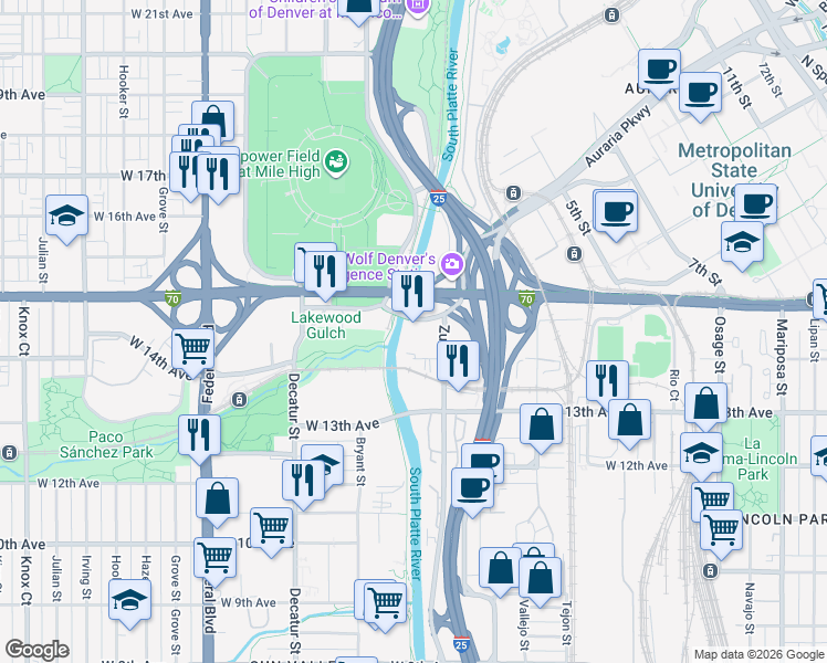 map of restaurants, bars, coffee shops, grocery stores, and more near 2000 Old West Colfax Avenue in Denver
