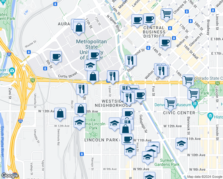 map of restaurants, bars, coffee shops, grocery stores, and more near 1442 Lipan Street in Denver
