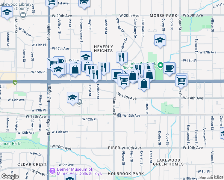 map of restaurants, bars, coffee shops, grocery stores, and more near 1435 Garrison Street in Lakewood